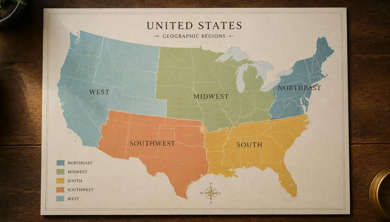 Карта США з регіонами West, Midwest, Northeast, Southwest і South на дерев'яному столі