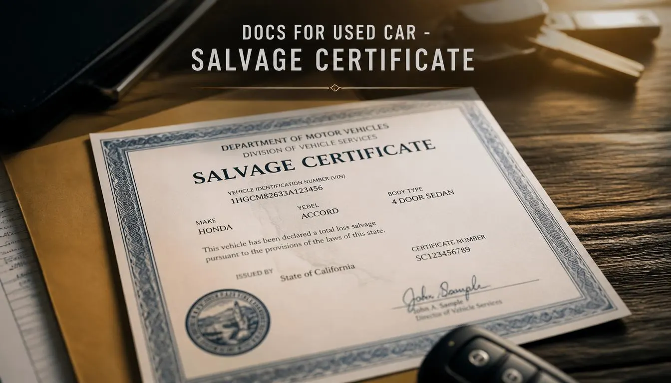 Документ Salvage Certificate на столі поруч із ключами від автомобіля