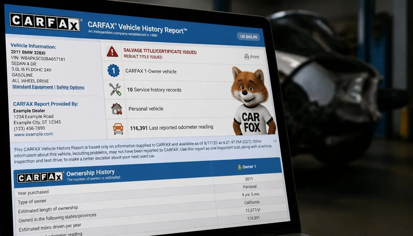 Raport Carfax Vehicle History Report pe ecranul unui laptop într-un atelier auto
