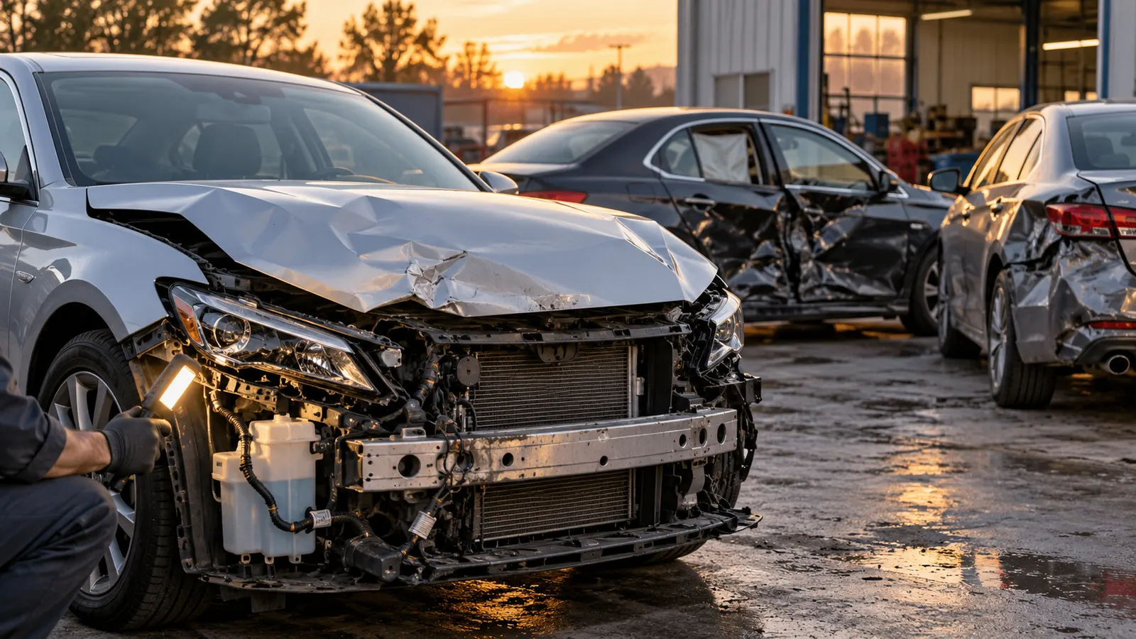 Sedan argintiu cu partea din față distrusă, pe platforma unei licitații auto, la apus