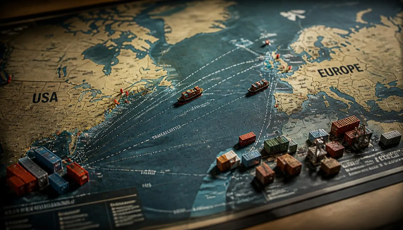 Hartă a Atlanticului cu rute maritime din SUA spre Europa și containere