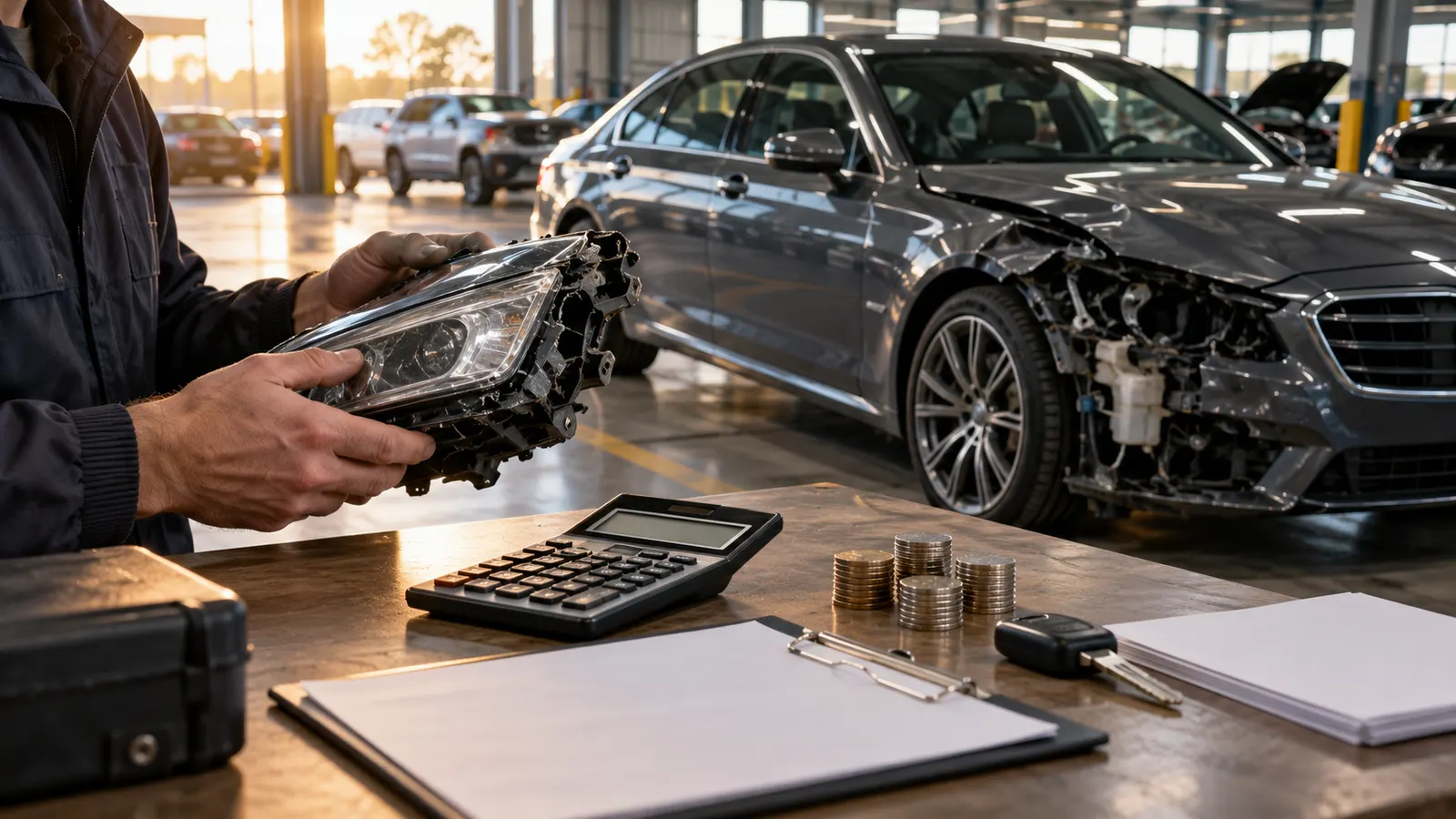Specialist cu tabletă și calculator lângă un sedan avariat, într-un atelier auto